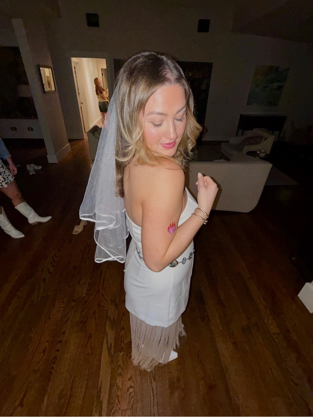 Anthropologie Maeve - Ivory Strapless Maxi Dress with Fringe Overlay - Picture 6 of 10